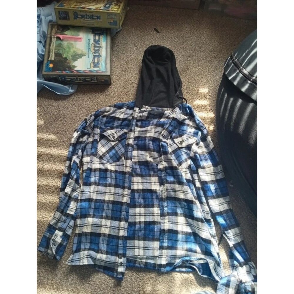 Blue hooded flannel with chest pockets